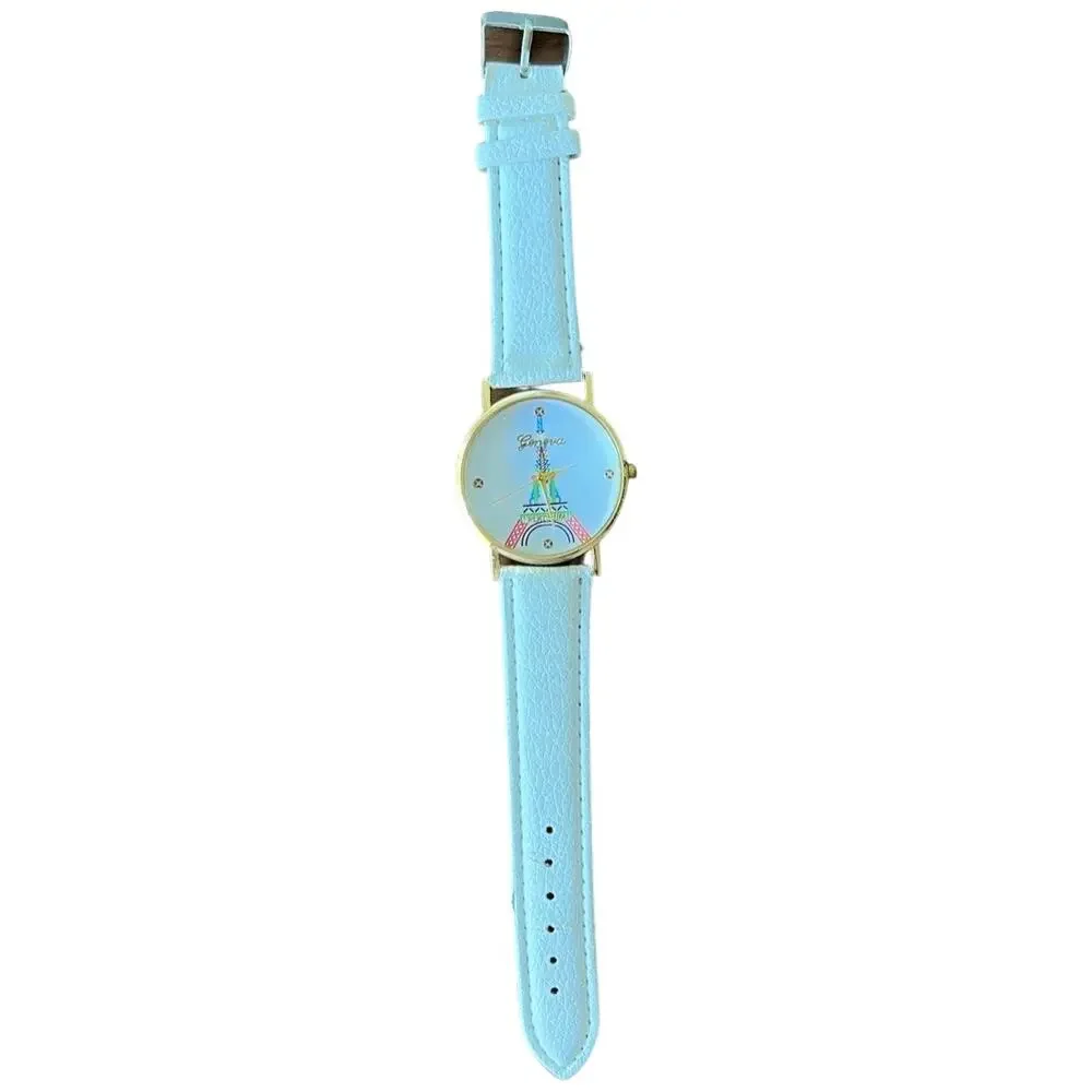 Paris Eiffel Tower White Vegan Leather Gold Tone Buckle Strap Analog Watch MINT